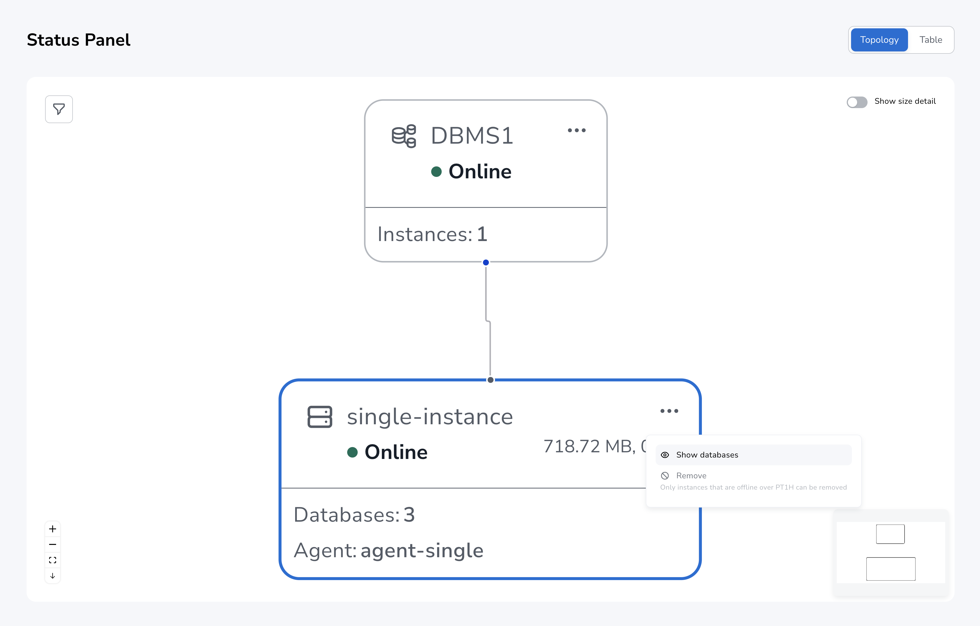 status panel instance context menu