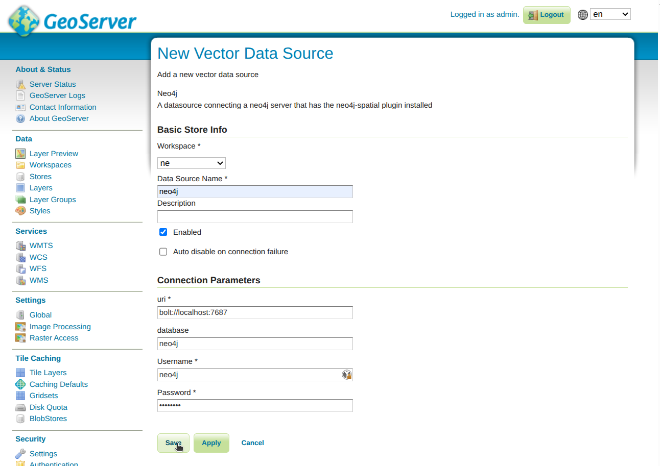 Geoserver 3 configure store
